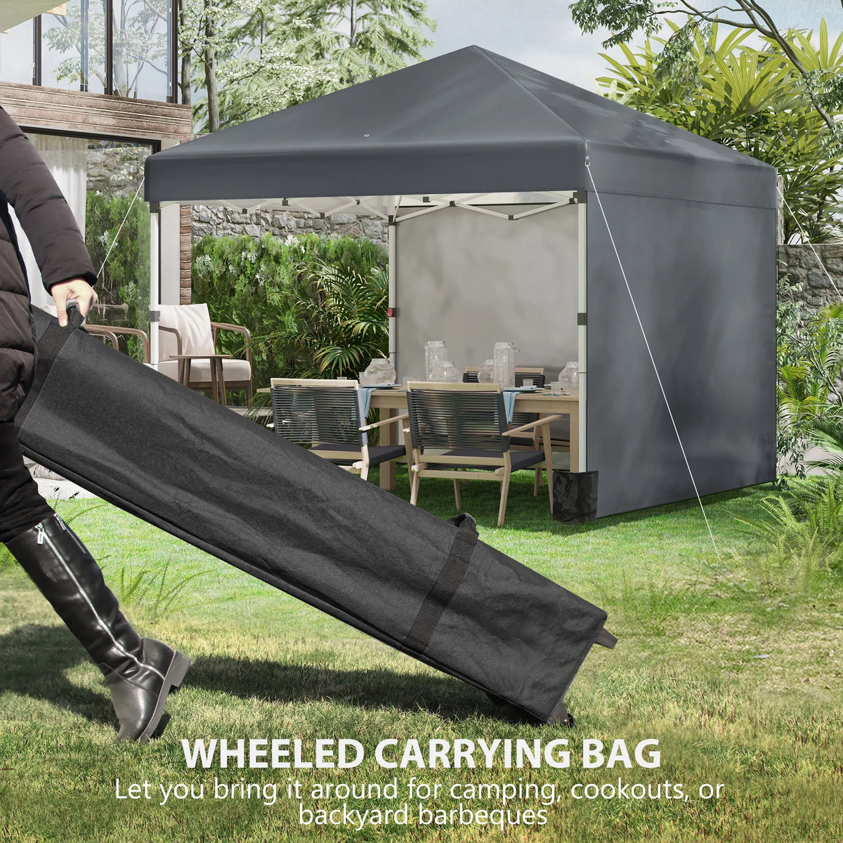 3 x 3m Pop-Up Gazebo with 2 Sidewalls, Sandbags and Wheeled Bag, Dark Grey