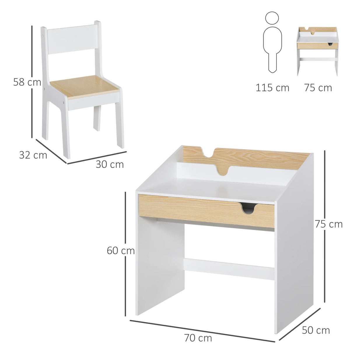 Kids Study Desk and Chair Set with Pull Out Drawer and Bookshelf MDF Rounded Edges for Ages 3-6