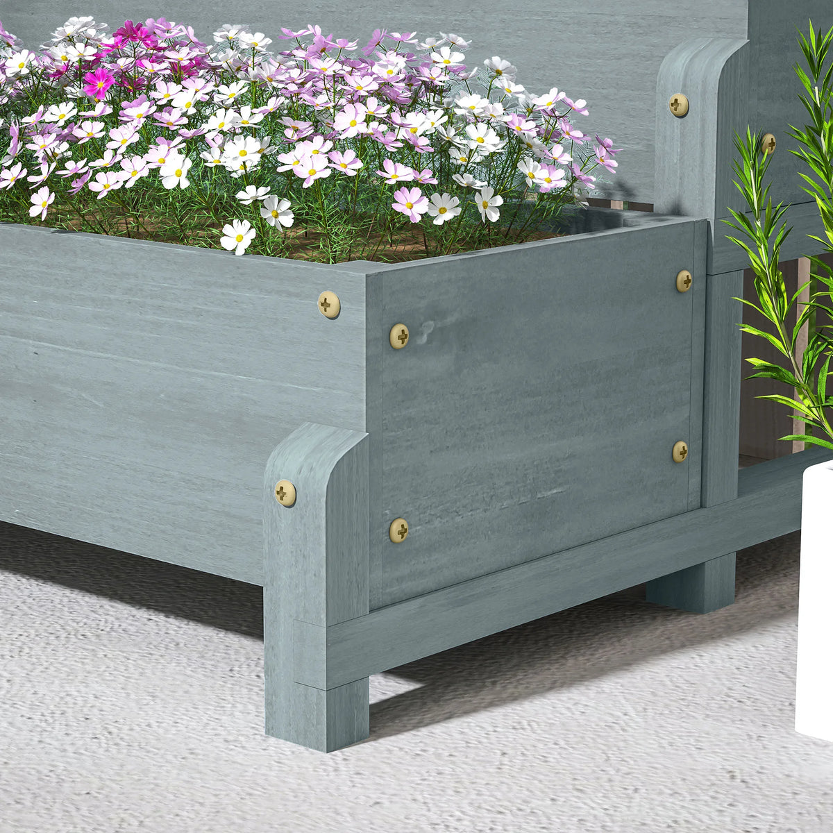 2-Tier Wooden Raised Flower Bed with Trellis and Drainage Holes, Grey