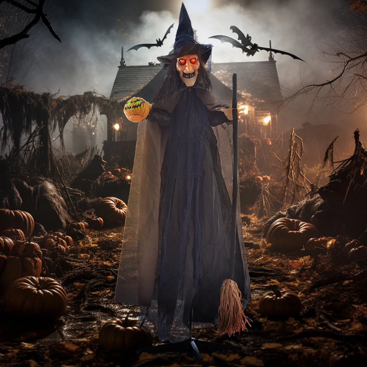 Halloween Witch with Broomstick Animatronic Prop, Light-Up Eyes