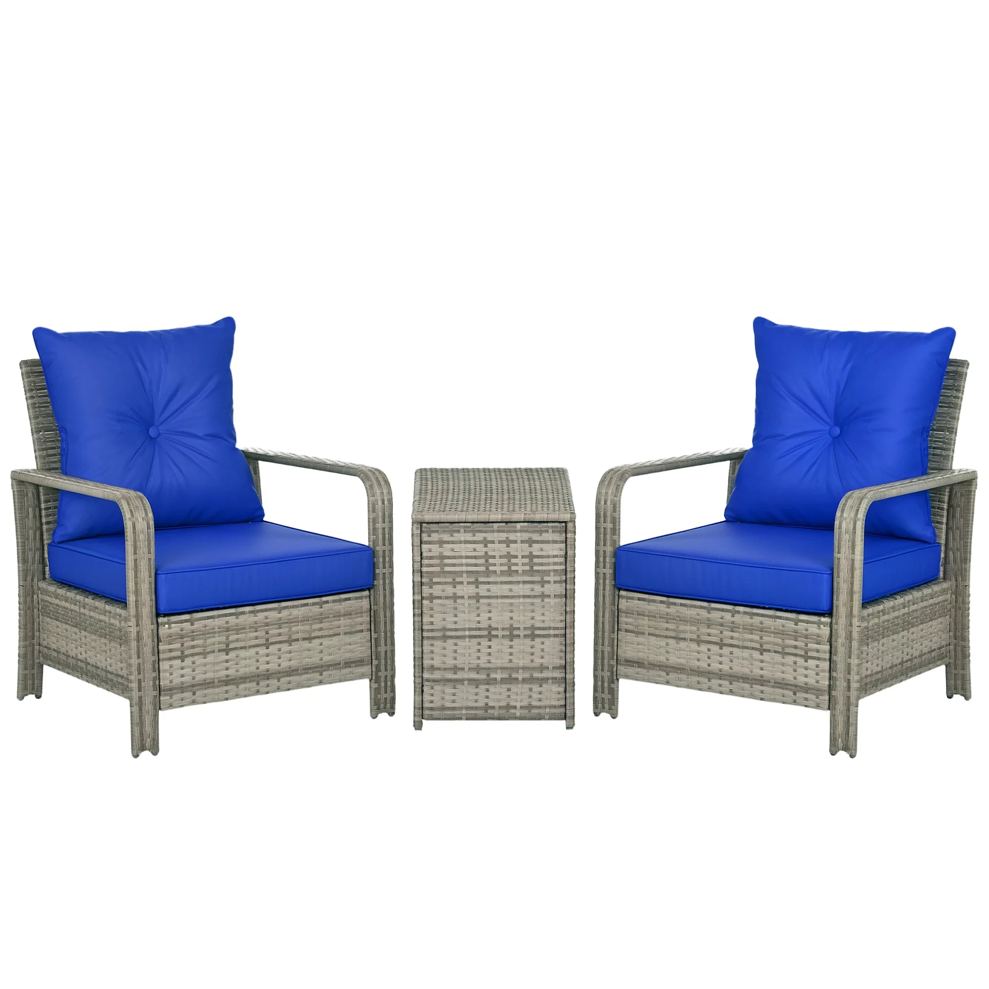 3 Piece PE Rattan Garden Sofa Set with 2 Armchairs Storage Coffee Table and Cushions for Outdoor Patio and Garden