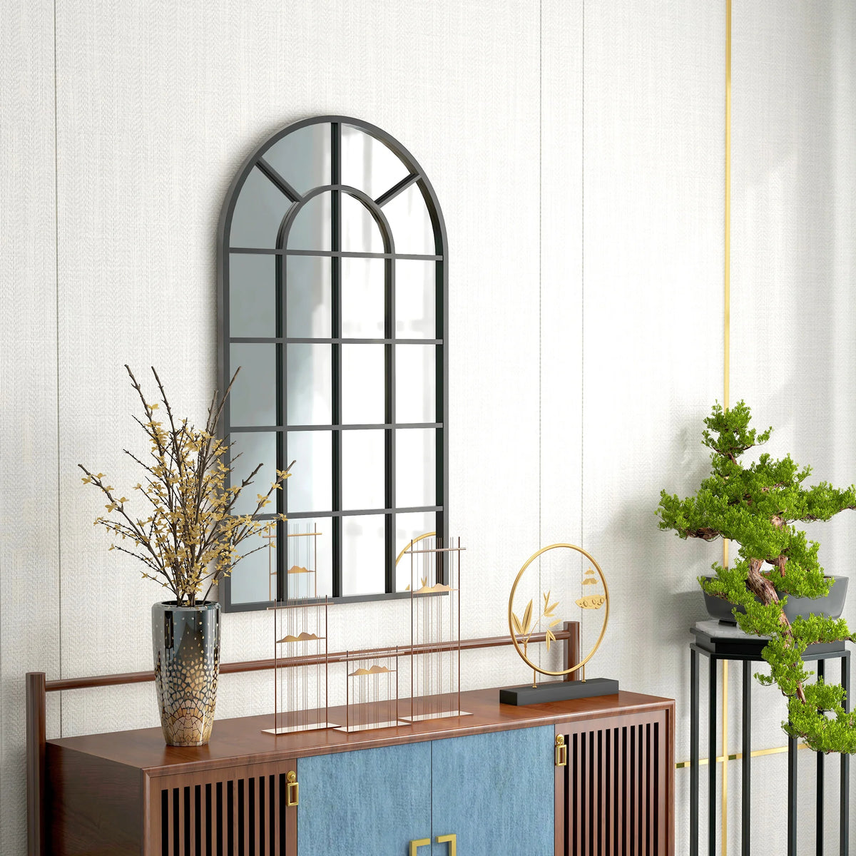 Arch Window Wall Mirror 110x62cm with 22 Panel Segments Shatterproof Thick Glass Screws Included Black