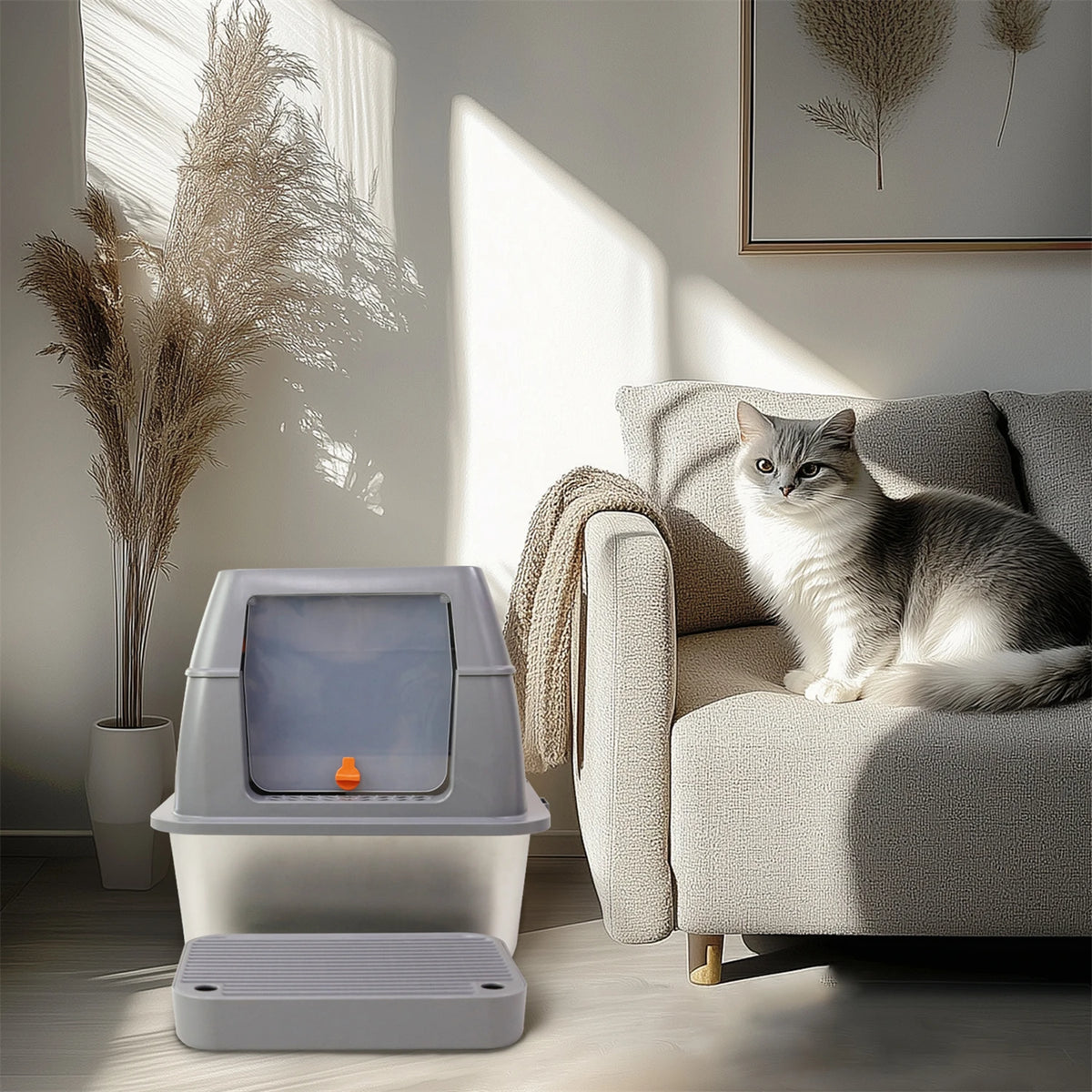 XL Enclosed Cat Litter Box, Stainless Steel Tray with High Wall Sides
