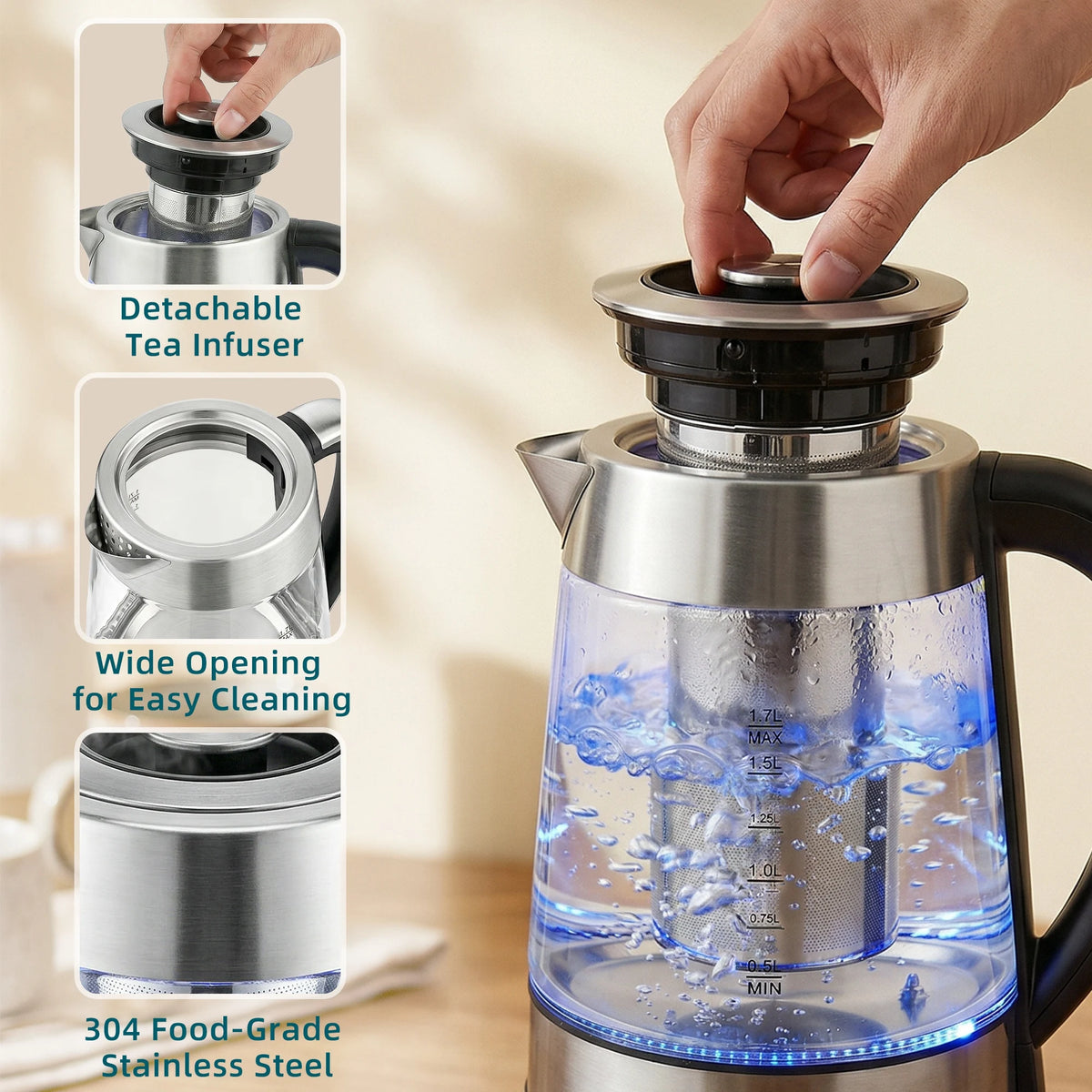 1.7L Glass Electric Kettle with Temperature Control and Tea Infuser, 3kW