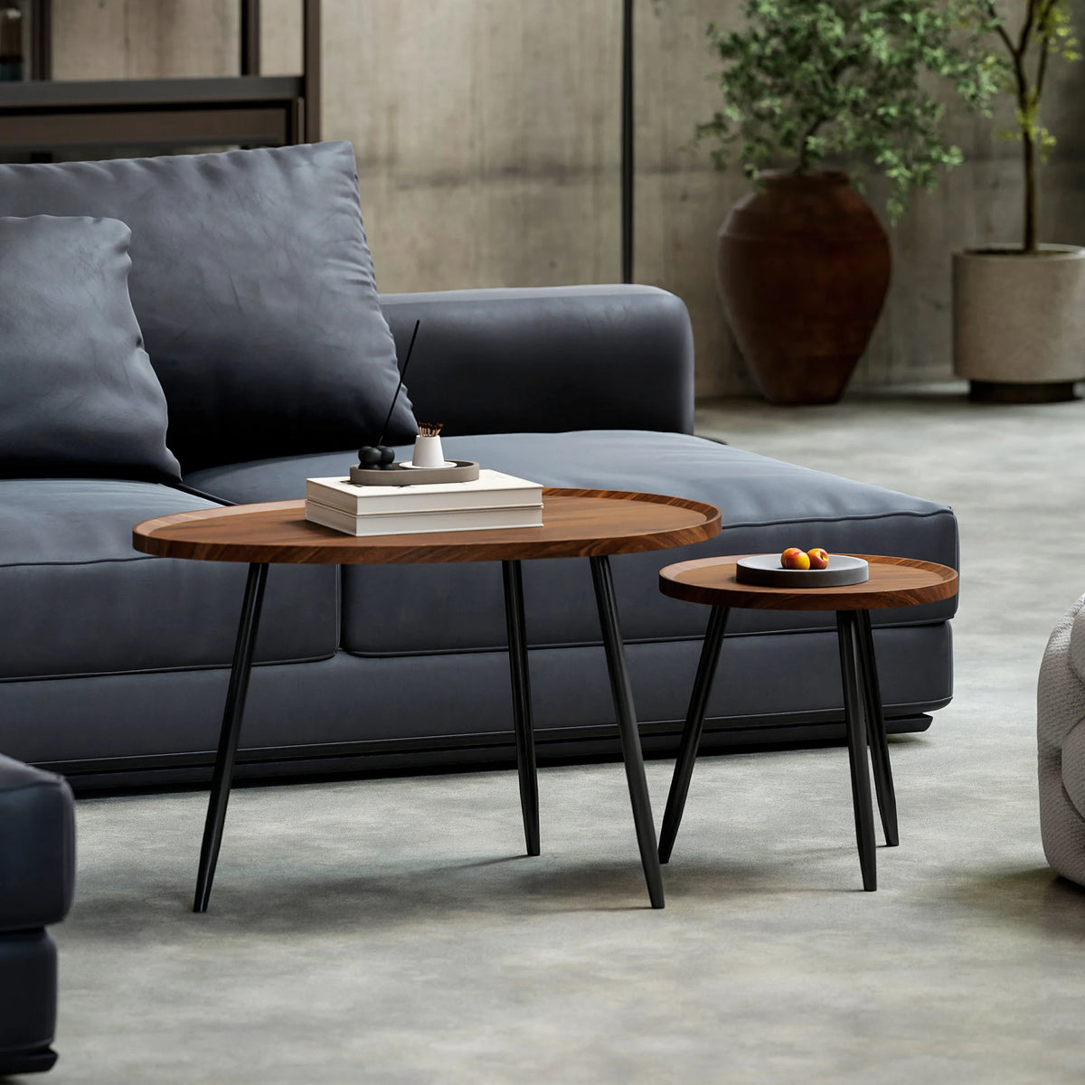 80cm Sofa Side Table Set of 2 with Metal Legs, Chestnut Wood Effect