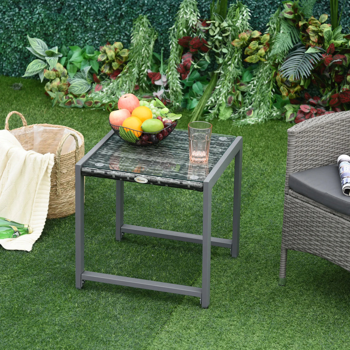 Rattan Side Table 50cm PE Wicker Garden End Table with Tempered Glass Top Aluminium Frame Adjustable Feet Grey