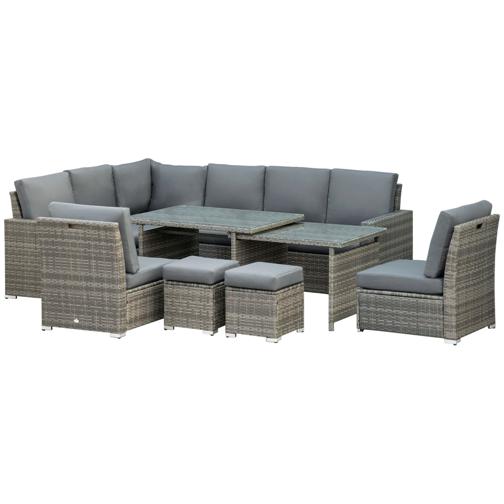 10 Seater Rattan Dining Set with Expandable Table Nesting Chairs Corner Sofa and Cushions for Garden Patio
