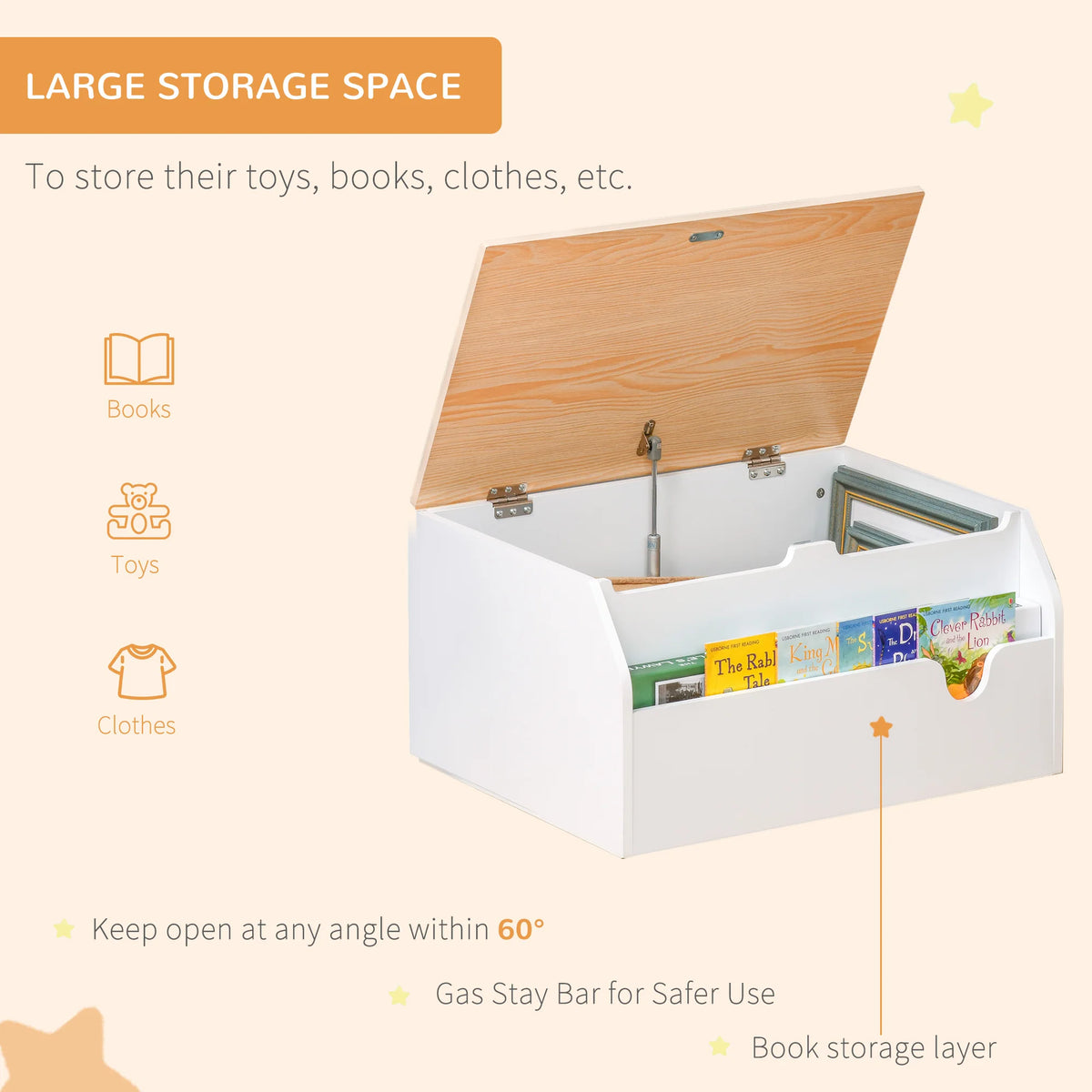 Kids Wooden Toy Box with Book Slot and Gas Hinge Lid MDF Storage Chest with Vents White and Wood Effect