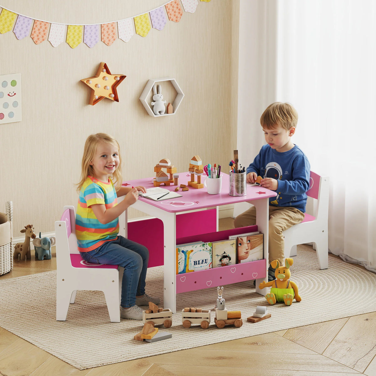 Kids Table and 2 Chairs Set with Side Bookshelves, Ages 3–8, Pink