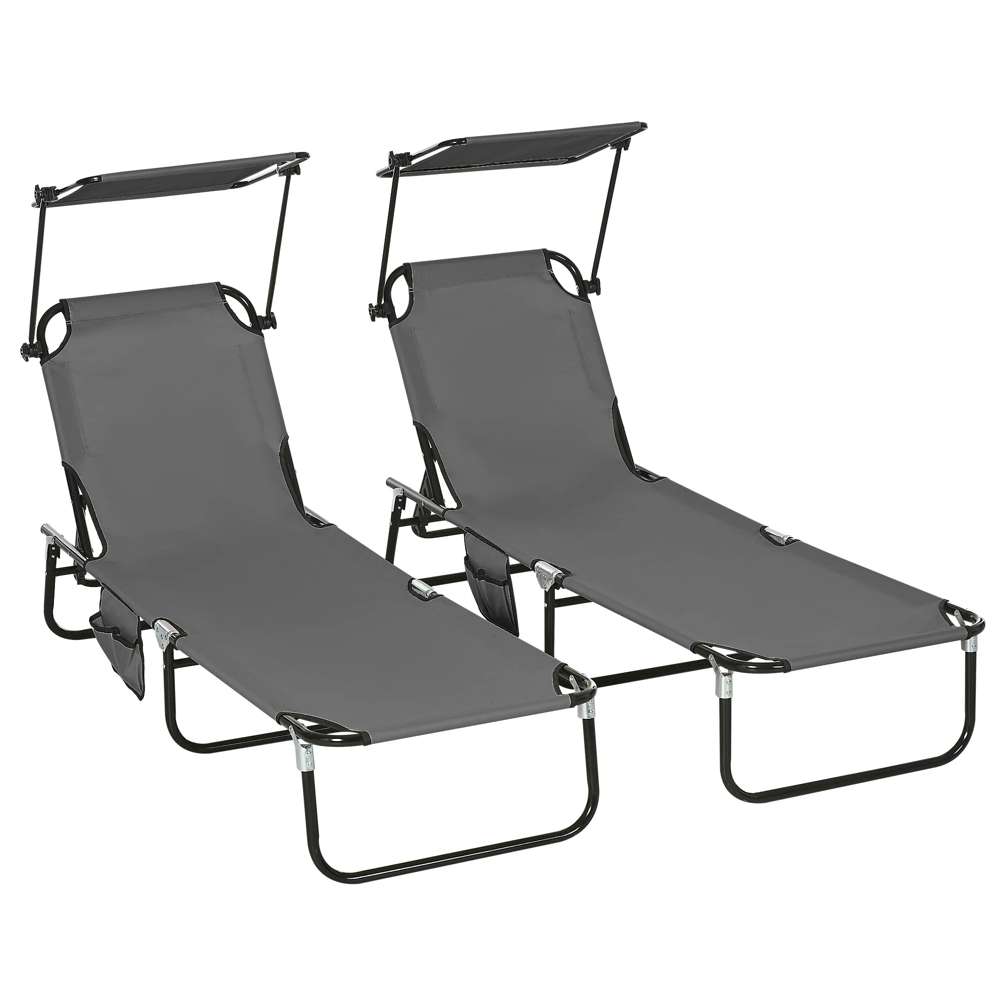 Set of 2 Folding Sun Loungers with Canopy, 5-Position Recline, Side Pocket and Breathable Mesh Fabric