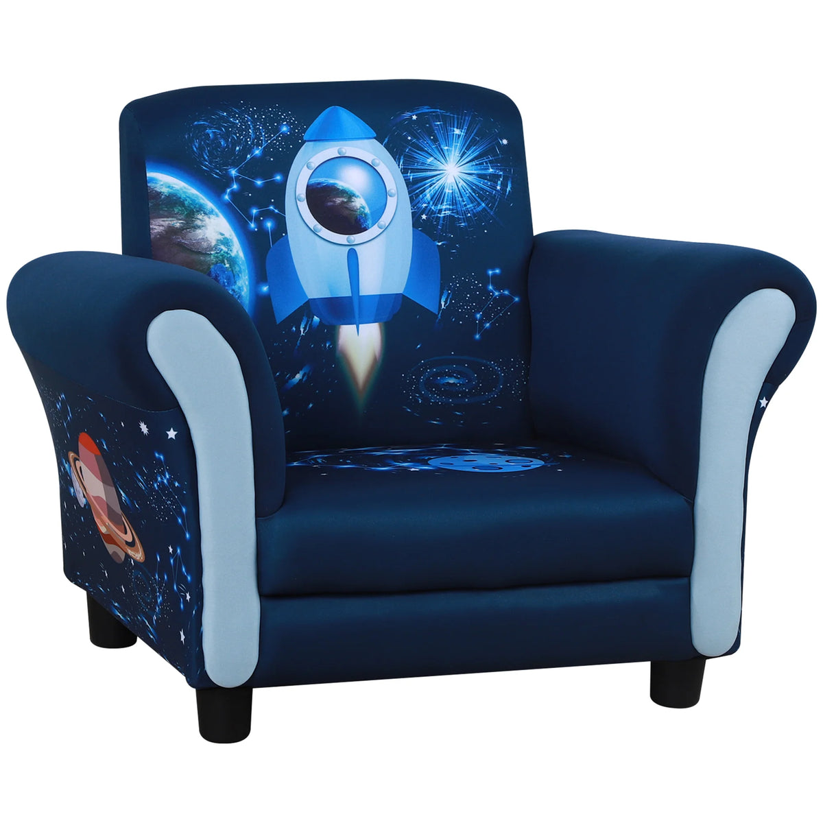 Kids Armchair with Space Rocket Design Wood Frame High Back Plush Foam 45kg for Ages 3-5 Blue