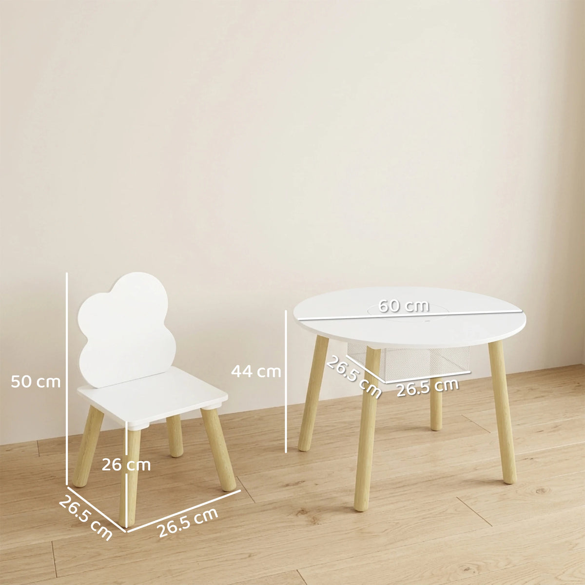 Kids Table and 2 Chairs Set with Storage Mesh Bag, Cloud Design, White