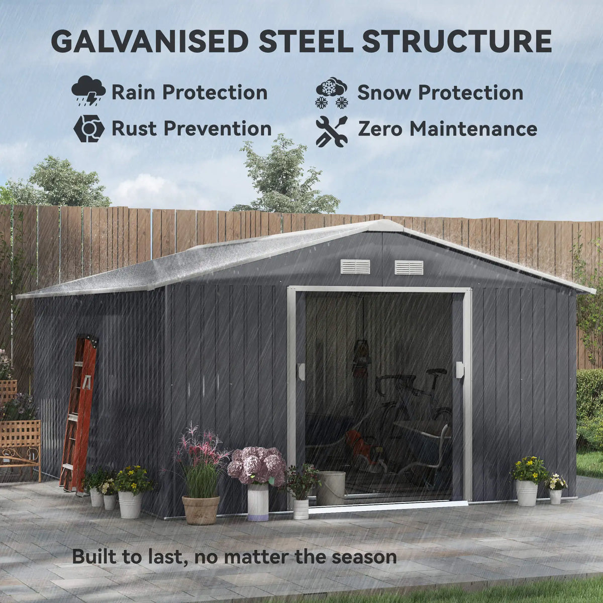 13 x 11ft Metal Garden Shed, Outdoor Storage Tool House with Ventilation Slots, Grey
