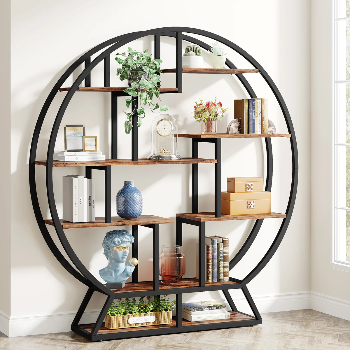63 Inch Round Industrial Bookshelf with 14 Staggered Shelves | Rustic Brown and Black Etagere Bookcase