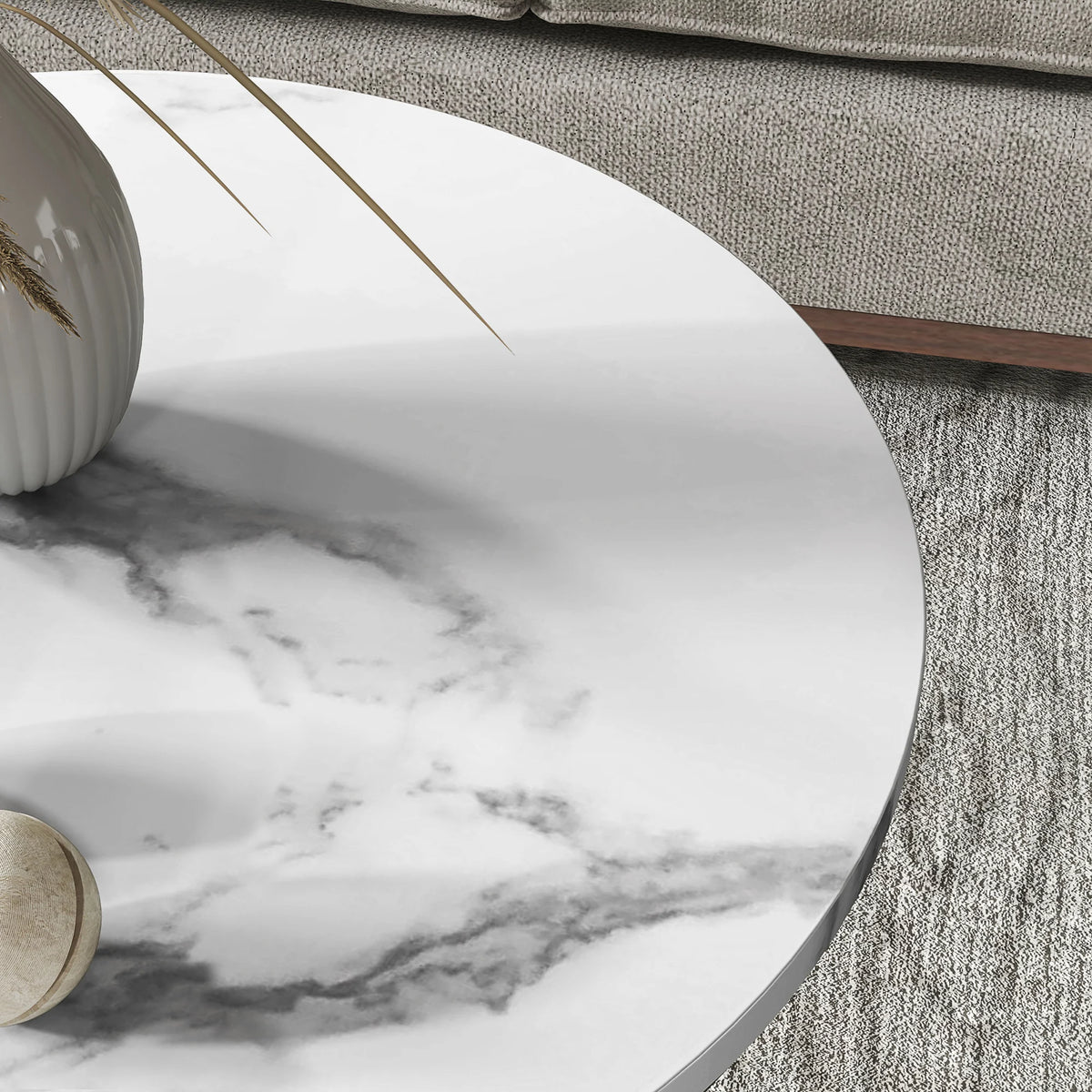 Marble-Effect Round Coffee Tables Set of 2 with Shelf, Gold Tone and White
