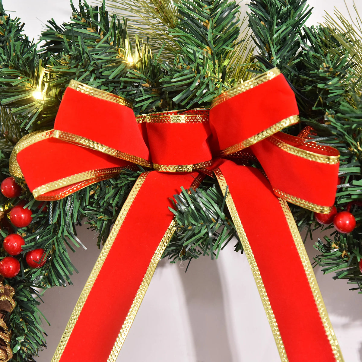 Pre-Lit Artificial Christmas Wreath with Holly, Pine Cones and 20 LED Lights, 60cm