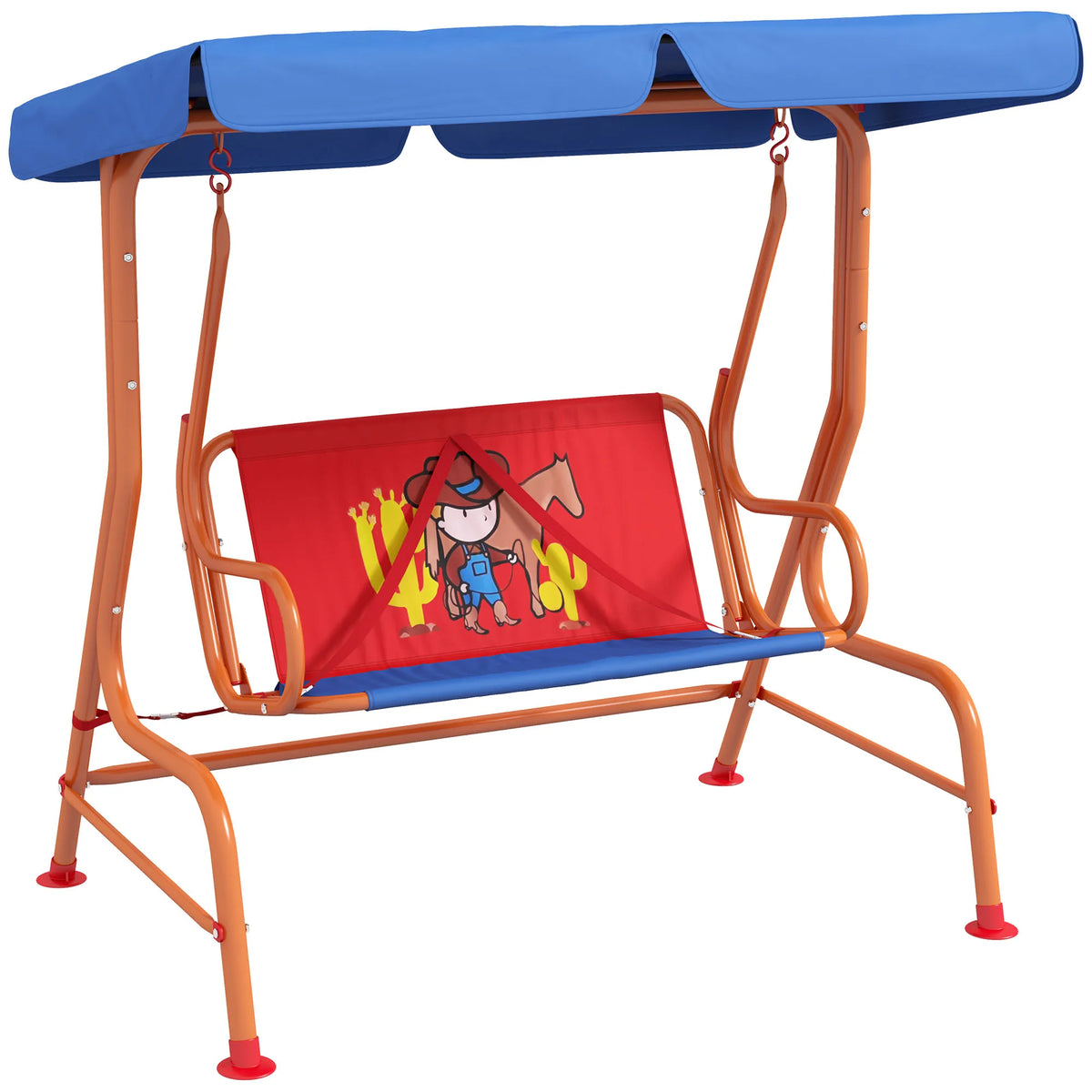 2 Seater Kids Swing Chair with Adjustable Canopy Seatbelts Cowboy Design Steel Frame Indoor Outdoor
