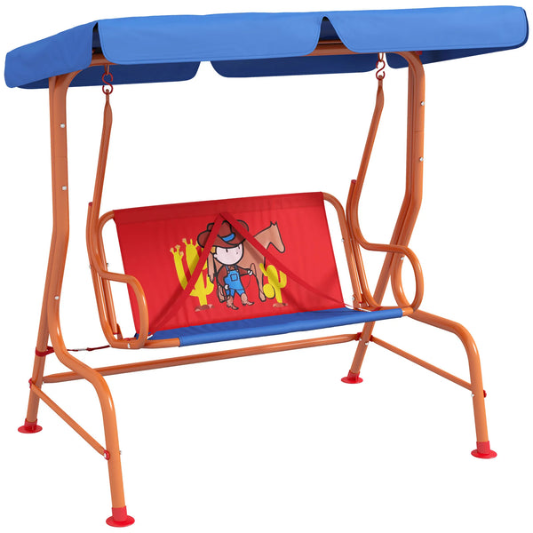 2 Seater Kids Swing Chair with Adjustable Canopy Seatbelts Cowboy Design Steel Frame Indoor Outdoor