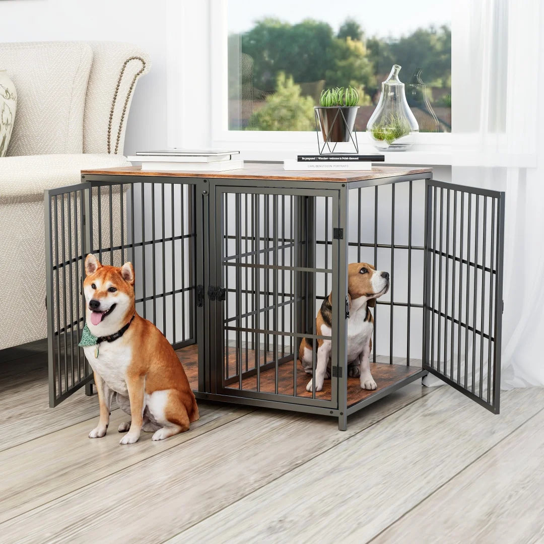 BINGOPAW Heavy Duty Wooden Dog Crate Furniture Side Table 90x62x68.5cm 4 Doors with Divider Small Medium Dogs