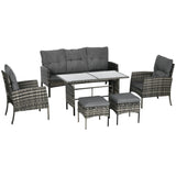 6-Piece Rattan Garden Sofa Set with 3-Seater Sofa, Armchairs, Footstools and Glass Coffee Table