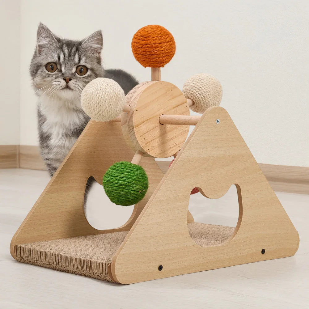Wooden Ferris Wheel Cat Scratching Post with Rotating Sisal Balls and Scratcher Base Interactive Cat Toy