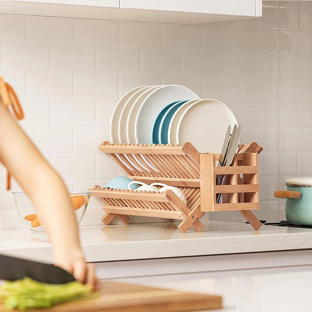 Folding Bamboo Dish Drying Rack | Countertop Drip Drainer Holder Stand for Kitchen 41x24.5x25cm