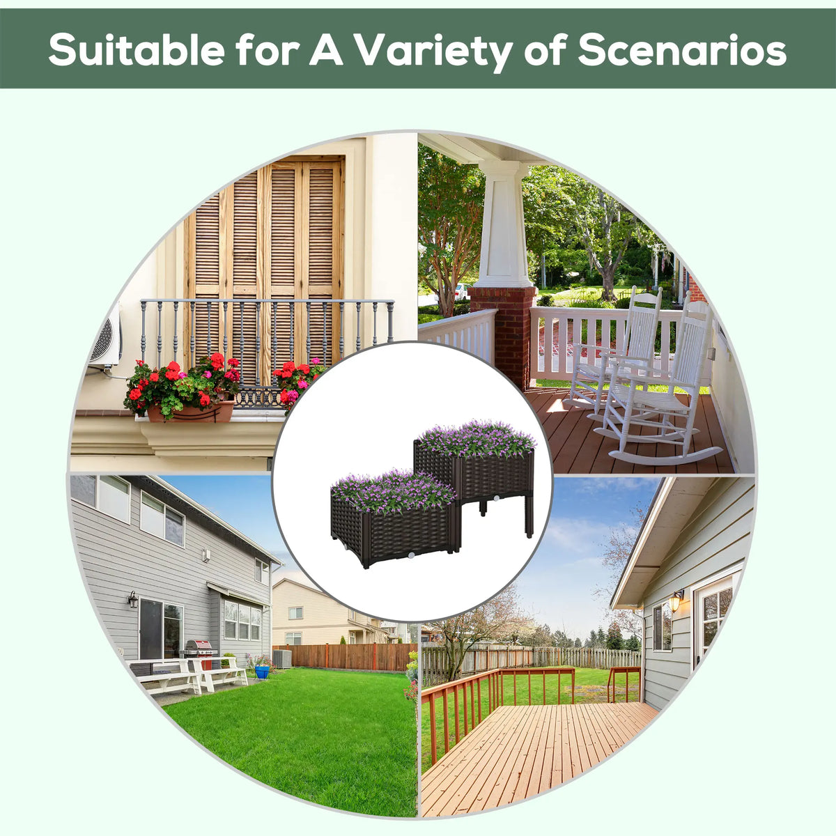 Set of 2 Raised Planters 40x40x44cm Rattan Effect Plastic Plant Stands with Self Watering Discs Brown