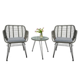 3 Piece Rattan Bistro Set 2 Armchairs Glass Top Table Black Cushions Rust Resistant for Garden Patio Balcony