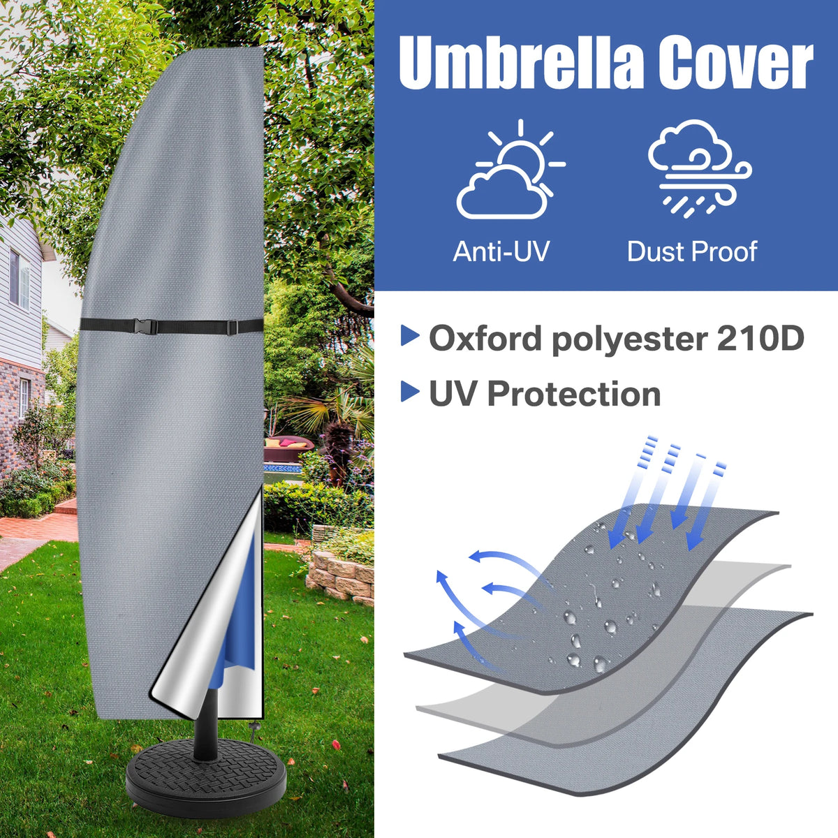 Patio Umbrella Cover for Offset Cantilever Banana Parasols, Waterproof with Zip and Rod