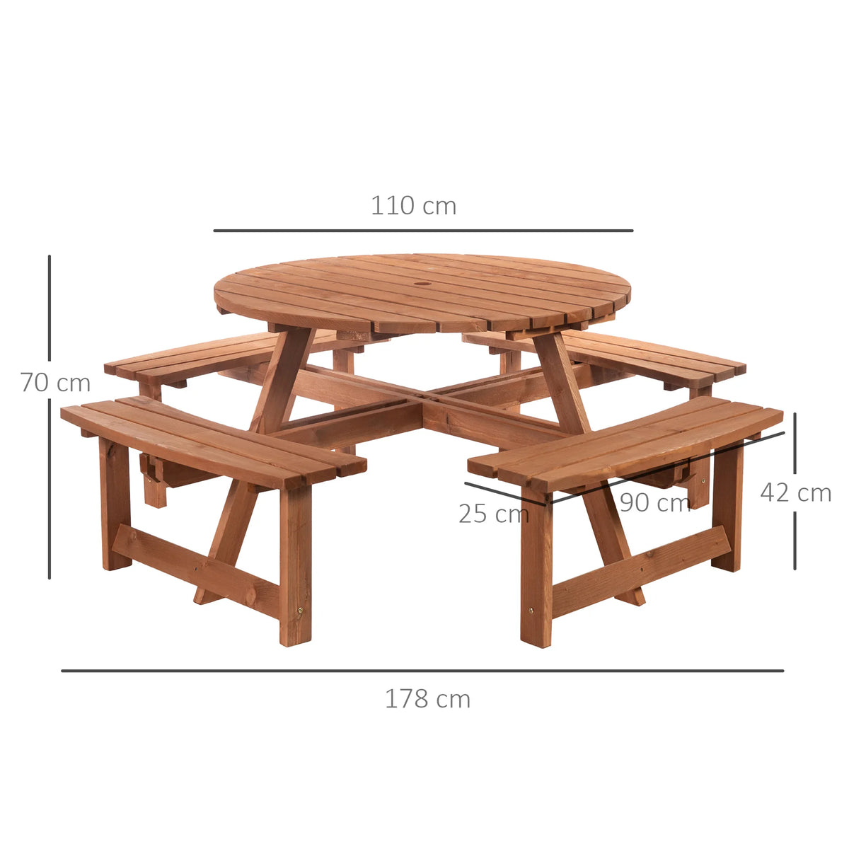 8 Seater Wooden Picnic Table and Bench Set Circular with 4 Benches Parasol Hole Fir Wood 227kg Capacity