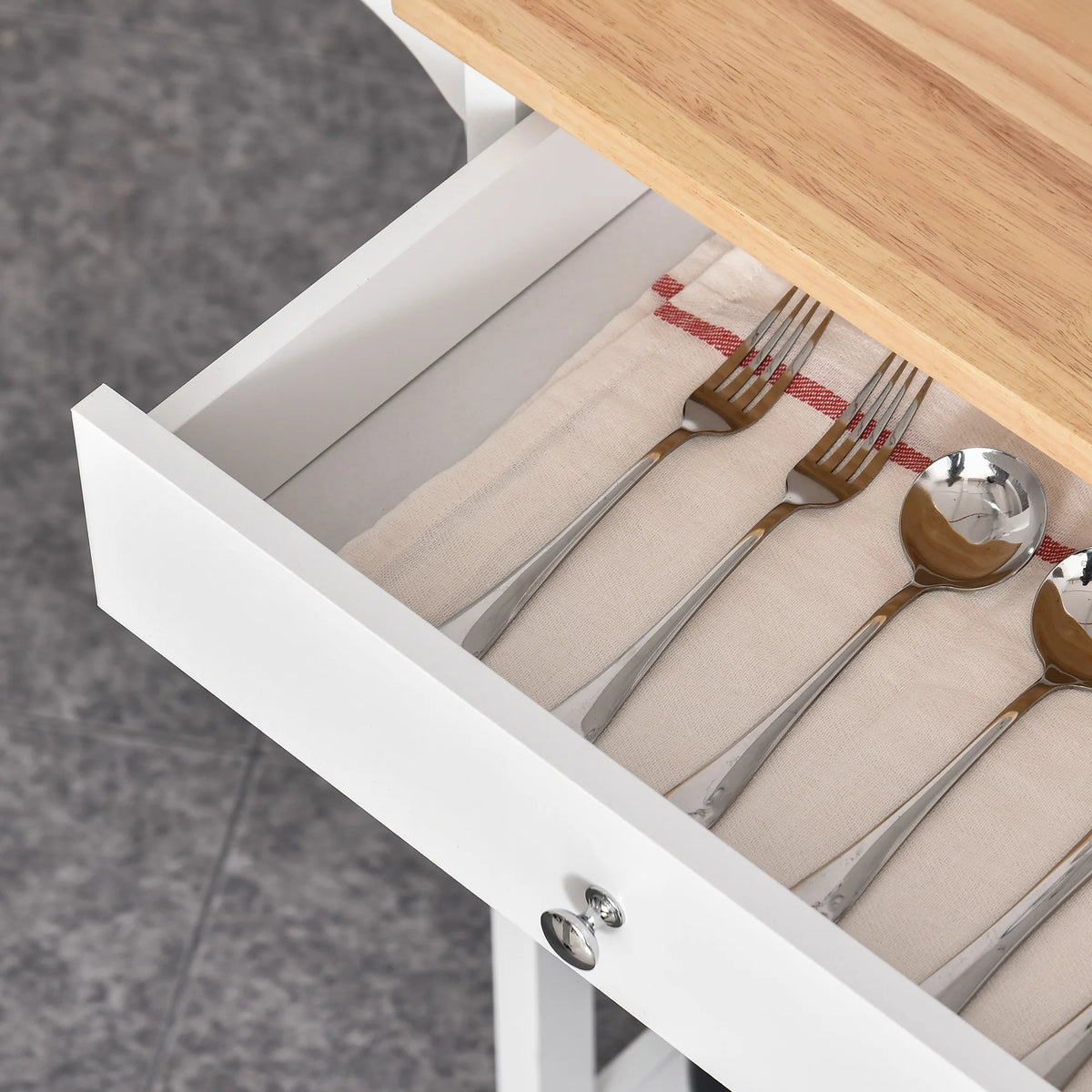 Kitchen Storage Trolley with Wooden Top, Drawer, Cupboard and Side Rail, White
