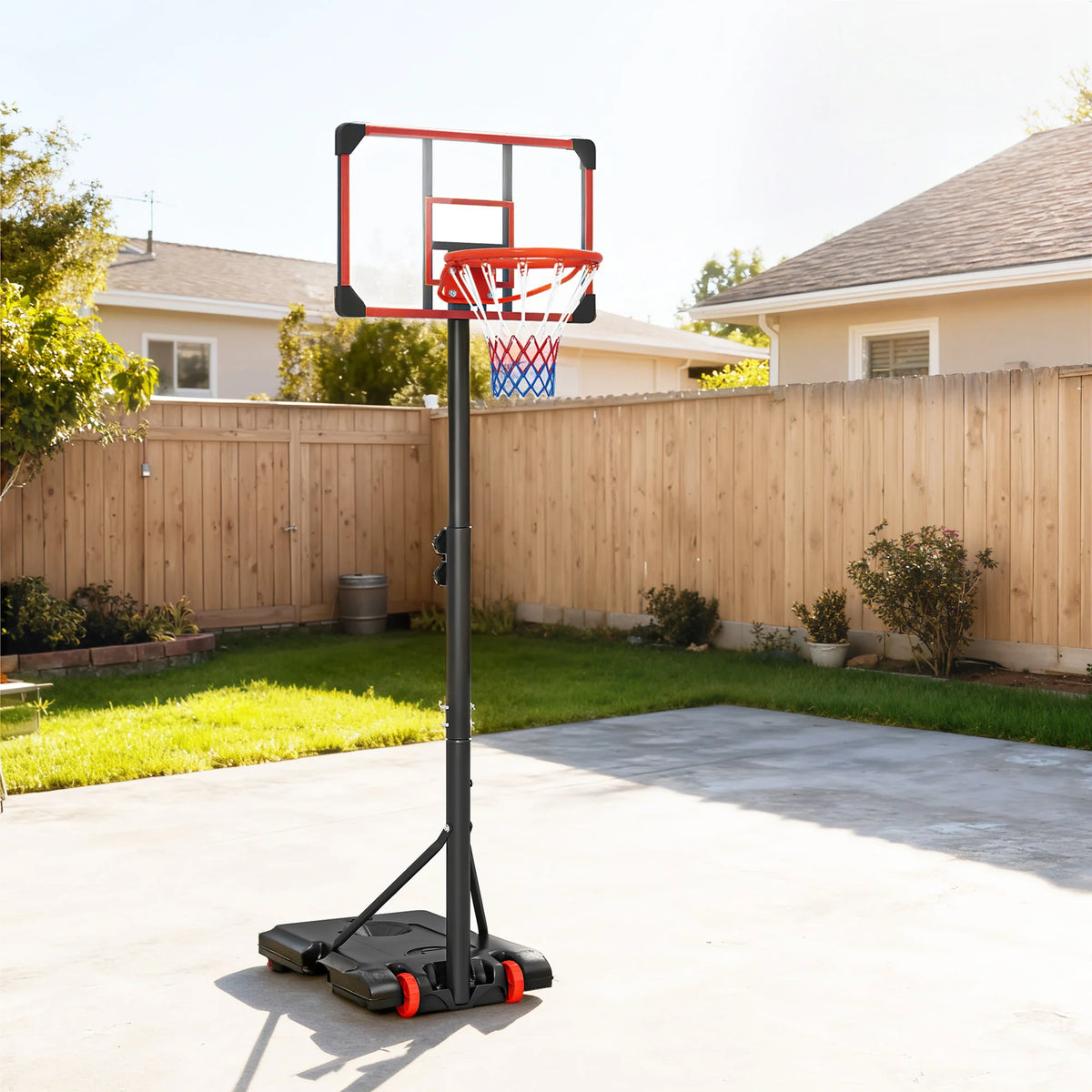 Adjustable Basketball Hoop and Stand with Wheels, Weighted Base, 1.8-2.1m, Red