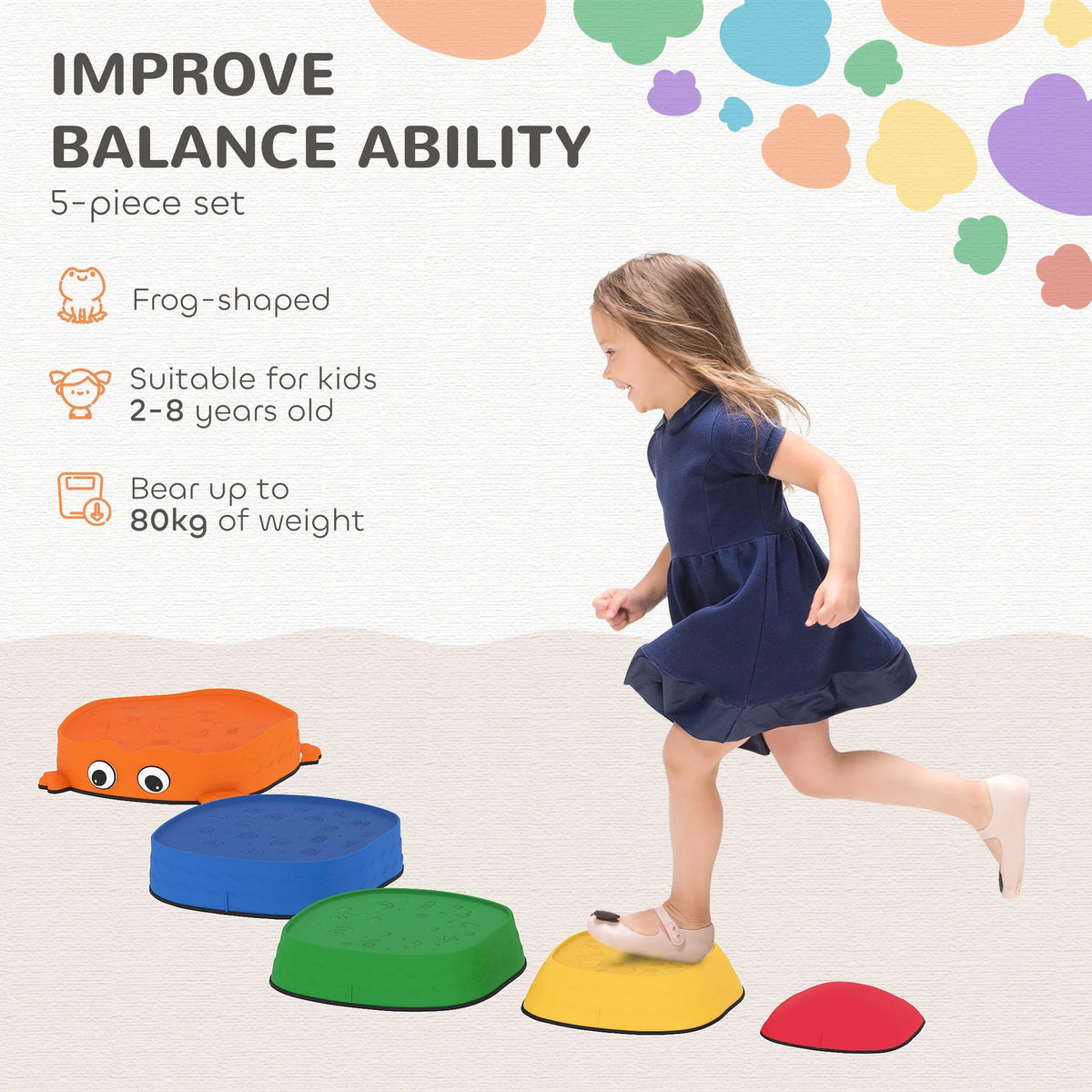 Set of 5 Kids Stepping Stones Frog Shaped Balance Stones with Anti Slip Edging 80kg Stackable Indoor Outdoor