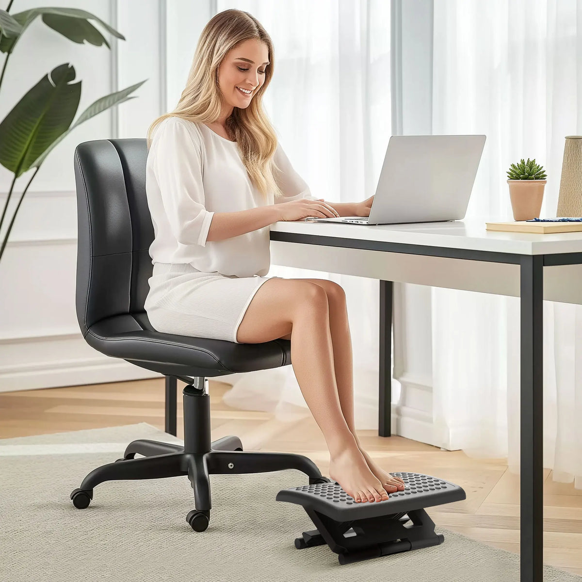 Adjustable Under-Desk Foot Rest with Massage Rollers, Black