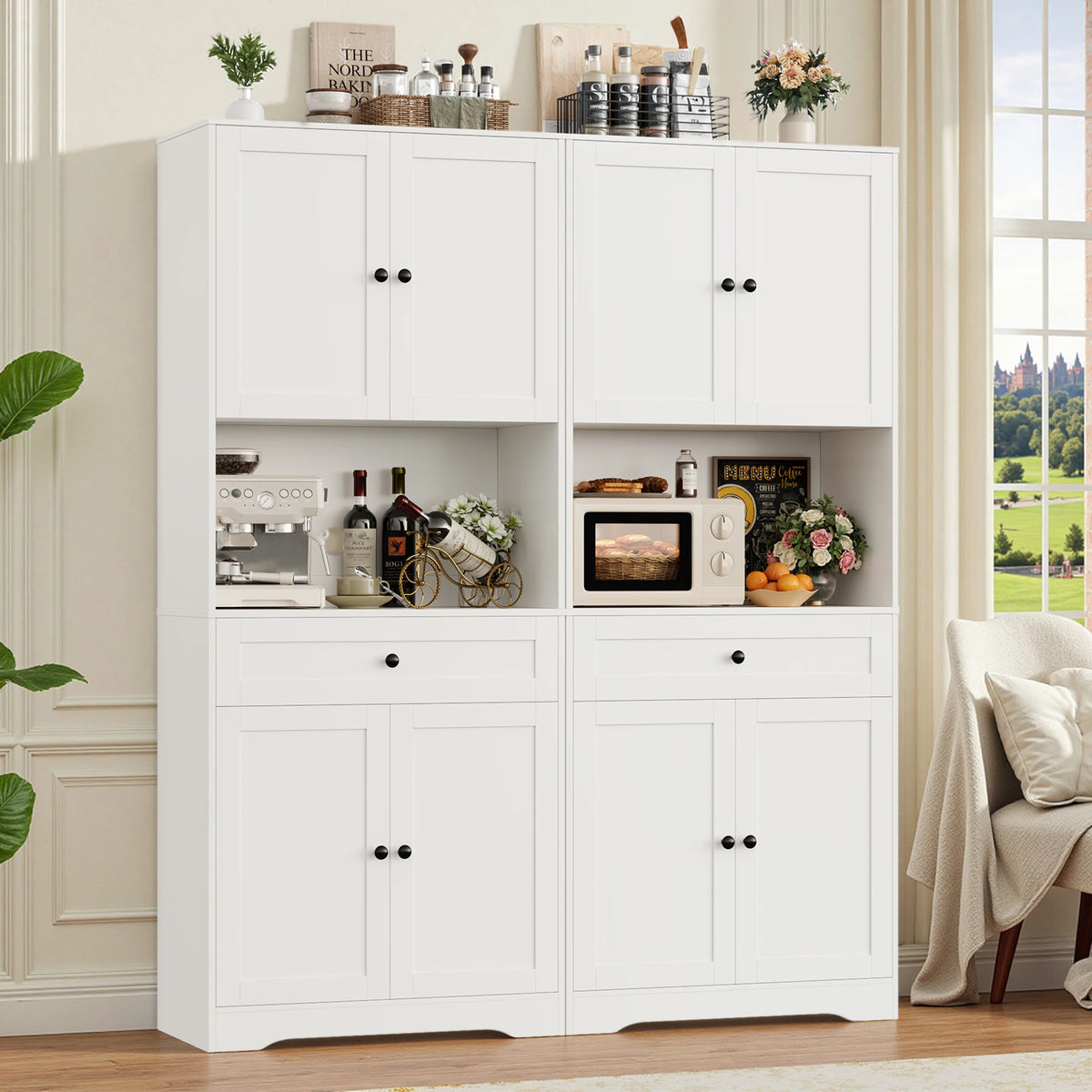 180cm Tall Kitchen Cupboard with Large Countertop and 4 Doors | White or Black Pantry Cabinet with Drawer and Adjustable Shelves