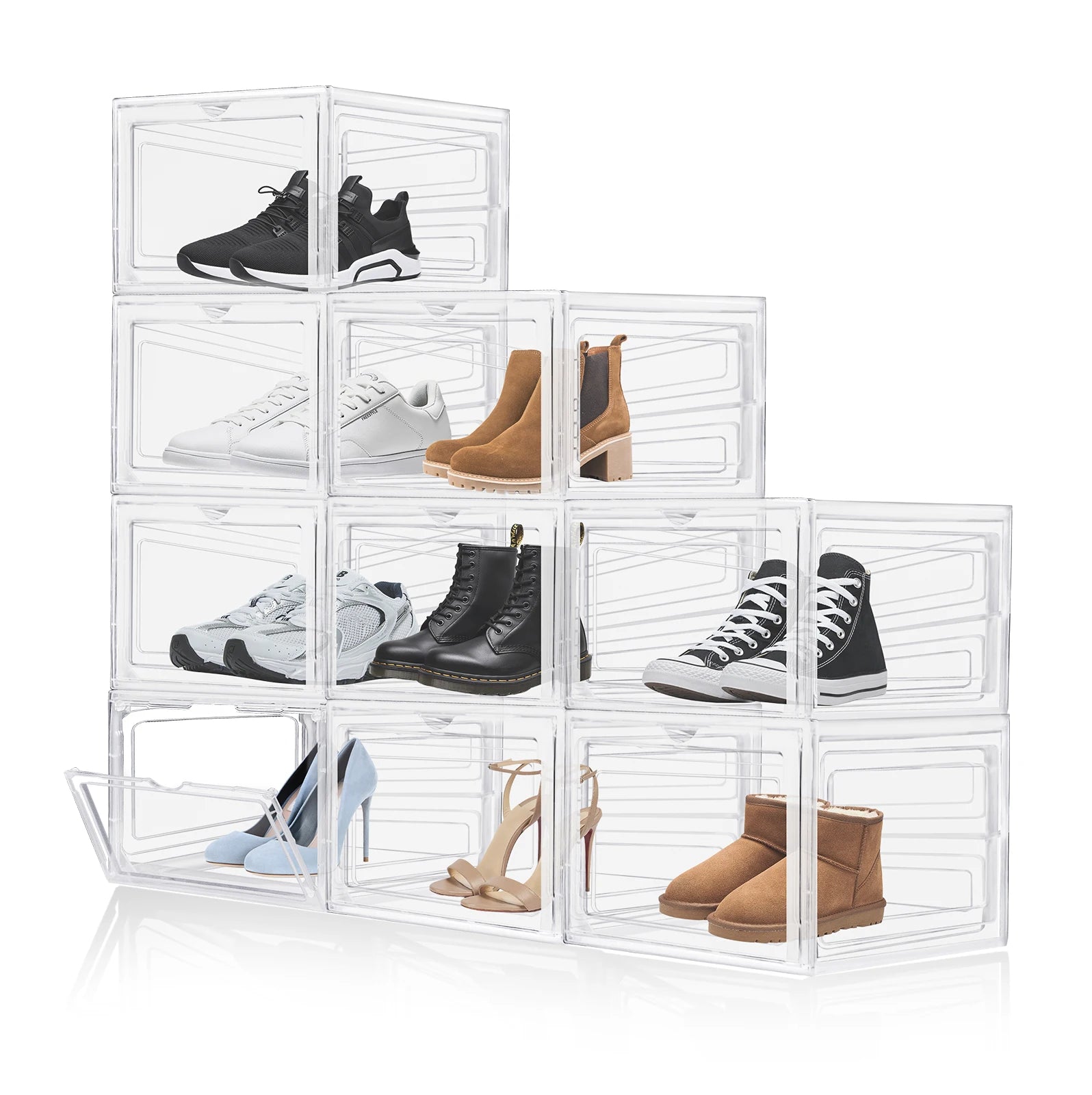 Clear Stackable Shoe Storage Boxes with Magnetic Flip Lid Pack of 6 9 or 12 PP Plastic Shoe Organiser