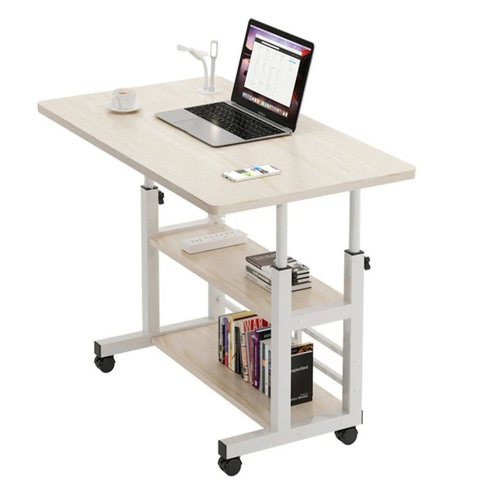 Adjustable Height Mobile Laptop Desk on Wheels with 2-Layer Storage Shelf | 60x40cm Rolling Bedside Table