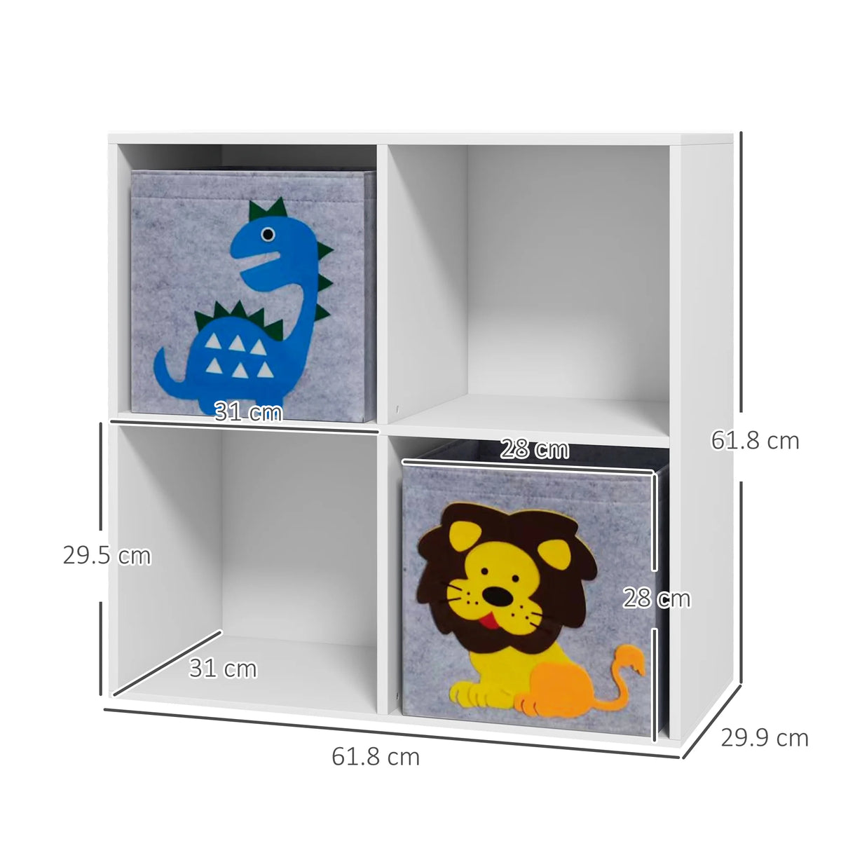 Kids Toy Organiser with 4 Cubes and 2 Fabric Drawers 61.8x61.8x29.9cm Anti Tip Animal Design Grey and White