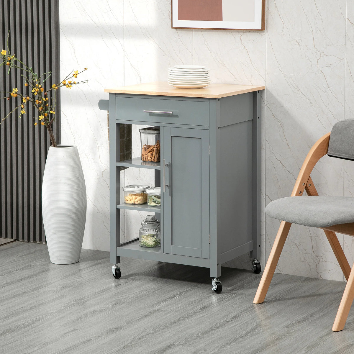 Compact Kitchen Trolley Utility Cart on Wheels with Open Shelf, Grey