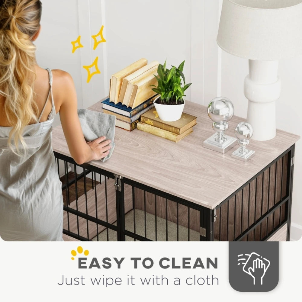 80cm Furniture Style Dog Crate End Table 3 Doors Soft Washable Cushion for Medium Dogs Brown