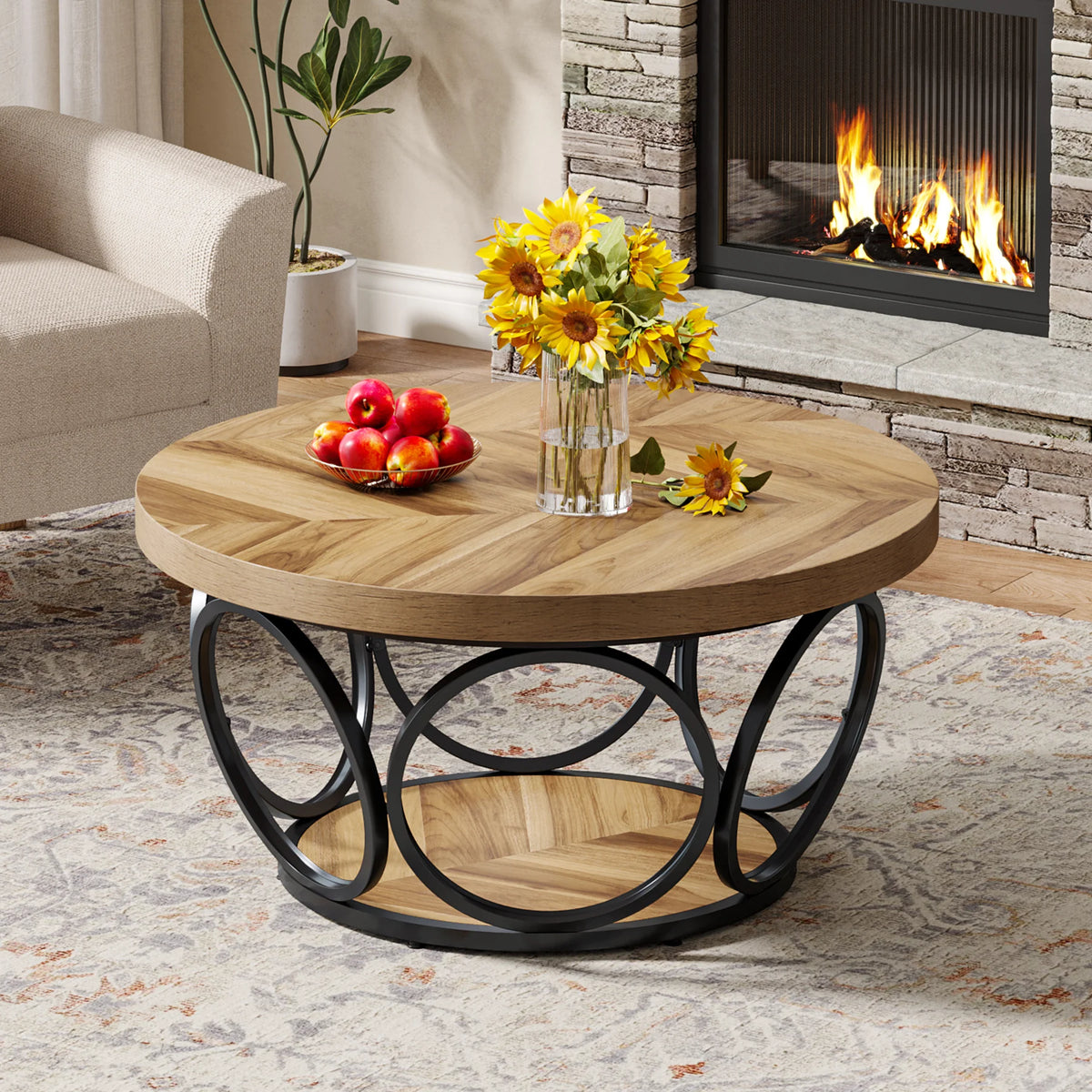 Round Coffee Table 80cm Wooden Center Table with 2 Tier Storage Farmhouse Style