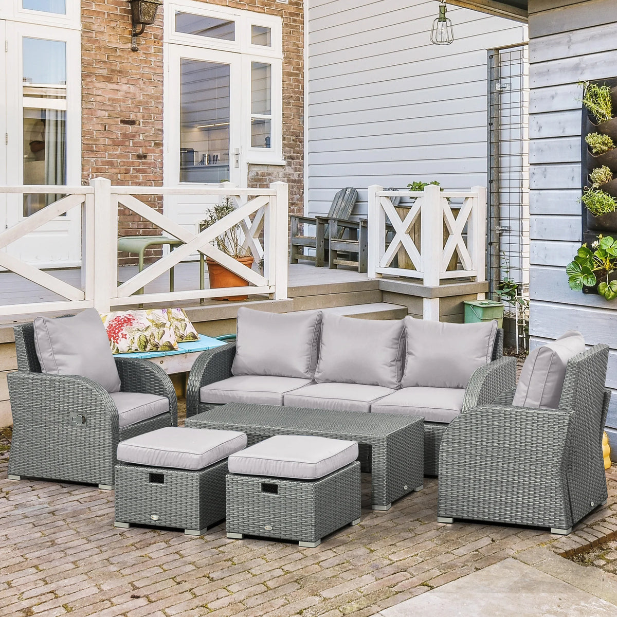 6 Piece Rattan Garden Sofa Set 3 Seater 2 Reclining Armchairs 2 Footstools Table Powder Coated Steel