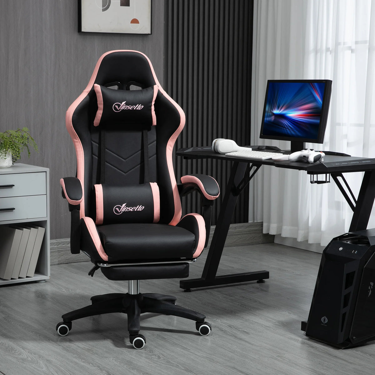 Reclining Racing Gaming Chair with Footrest and Headrest, Faux Leather, Black and Pink