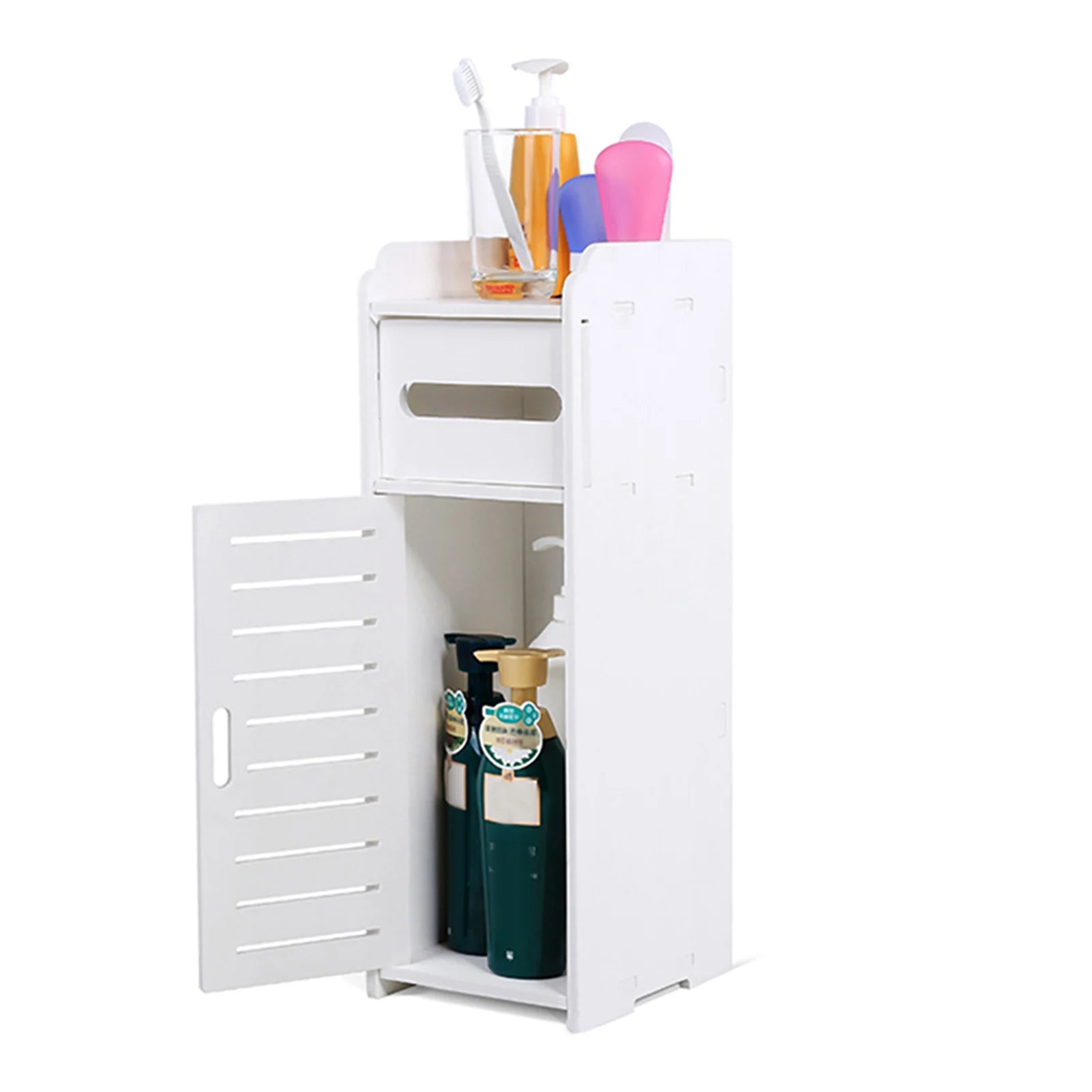 White PVC Bathroom Storage Cabinet 17x22x50cm | Waterproof Toilet Side Shelf Organiser for Shampoo Cosmetics Soap