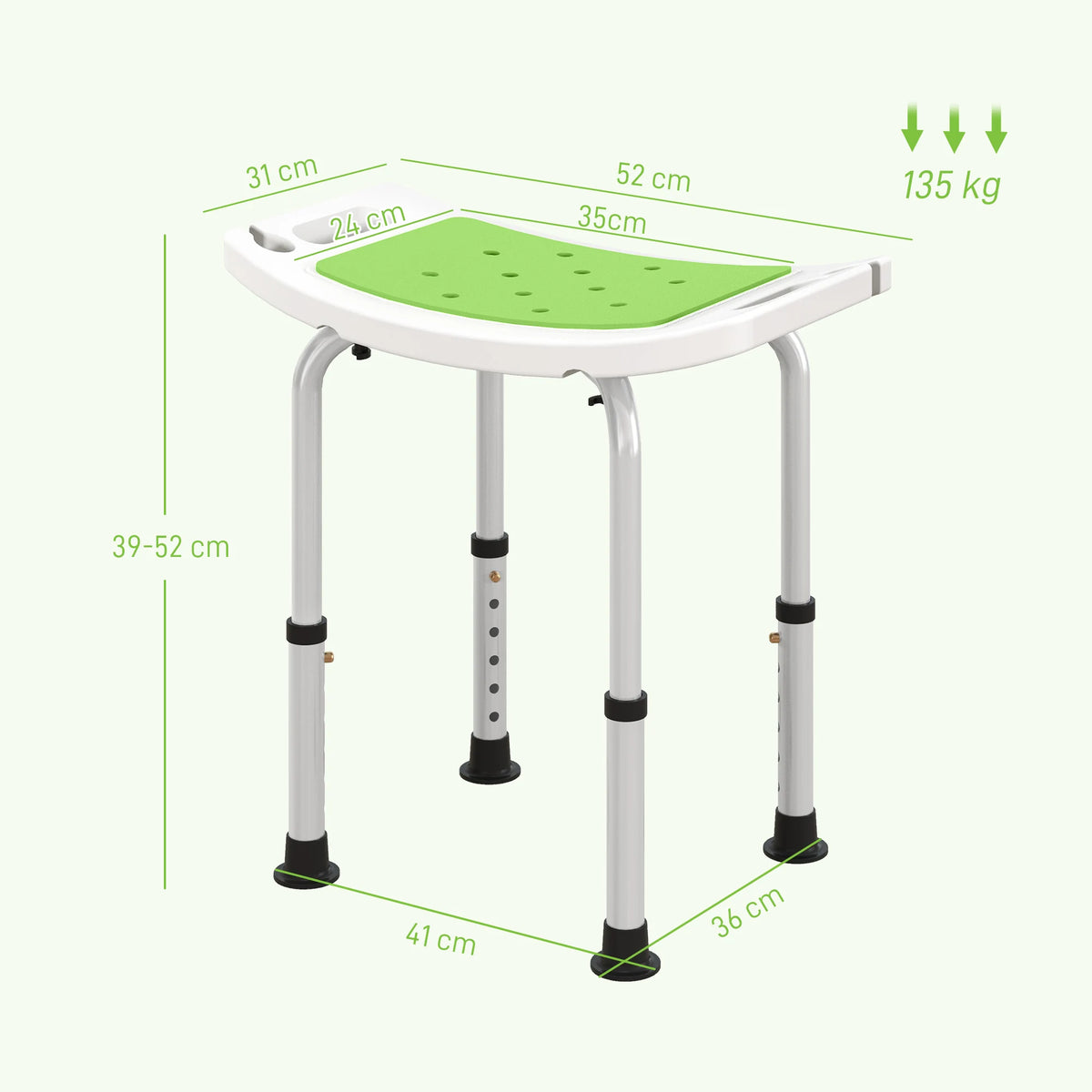 Height-Adjustable Aluminium Shower Stool with Padded Seat and Non-Slip Feet, Green
