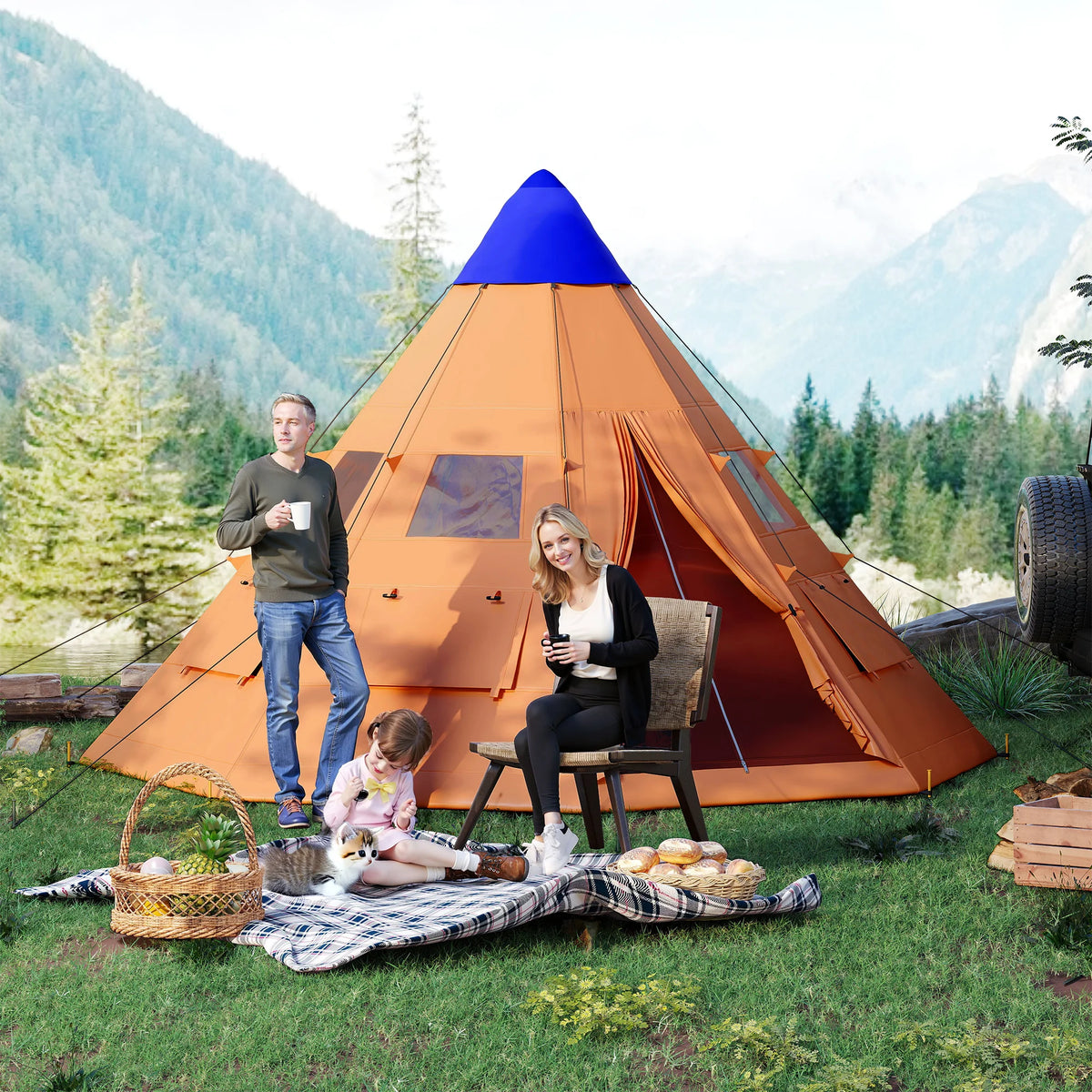 6 Person Tipi Tent with Mesh Windows and Zipped Door, Orange