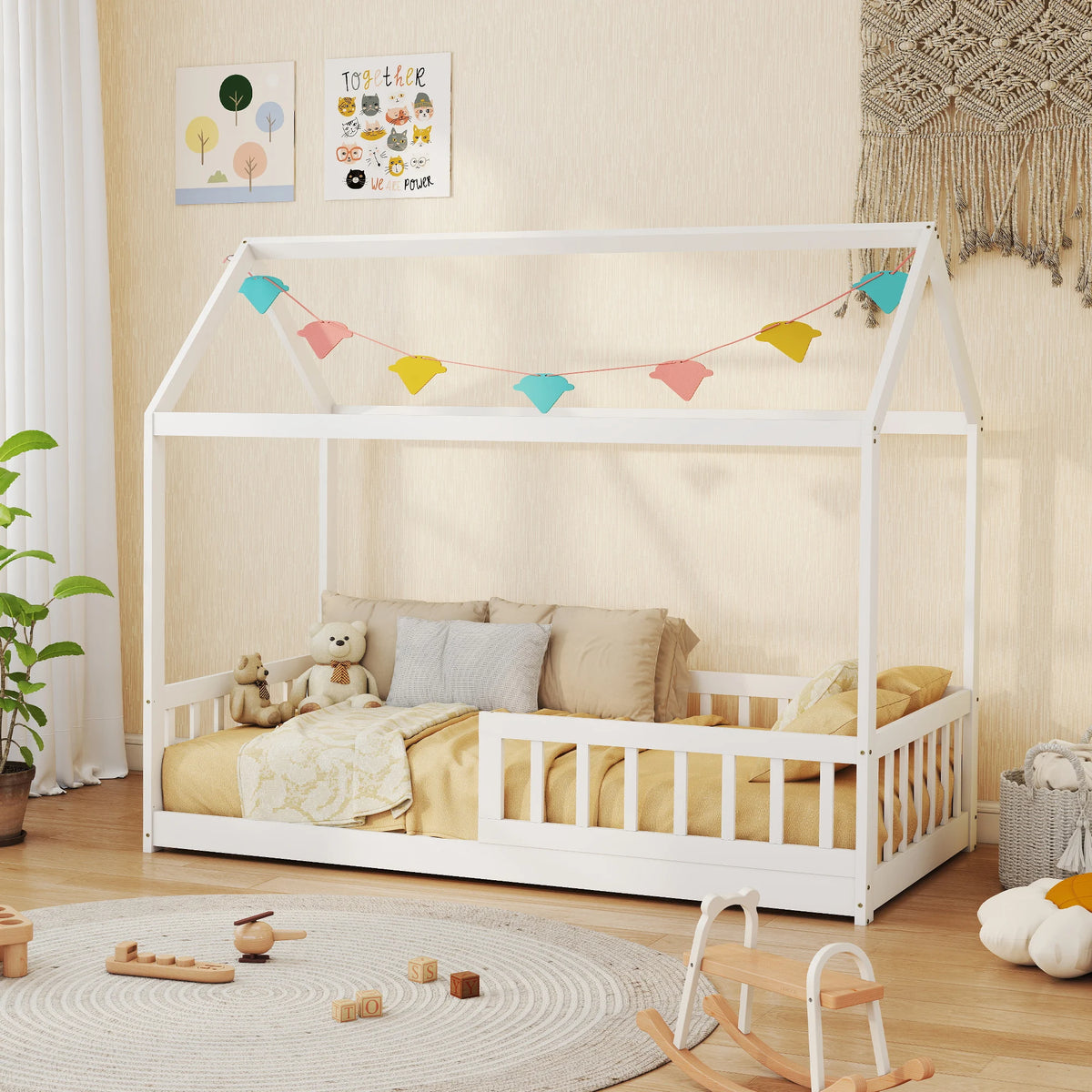 House Shaped Kids Bed Frame with Safety Fence Solid Wood 15 Slats and 2 Keels Burr Free Finish White