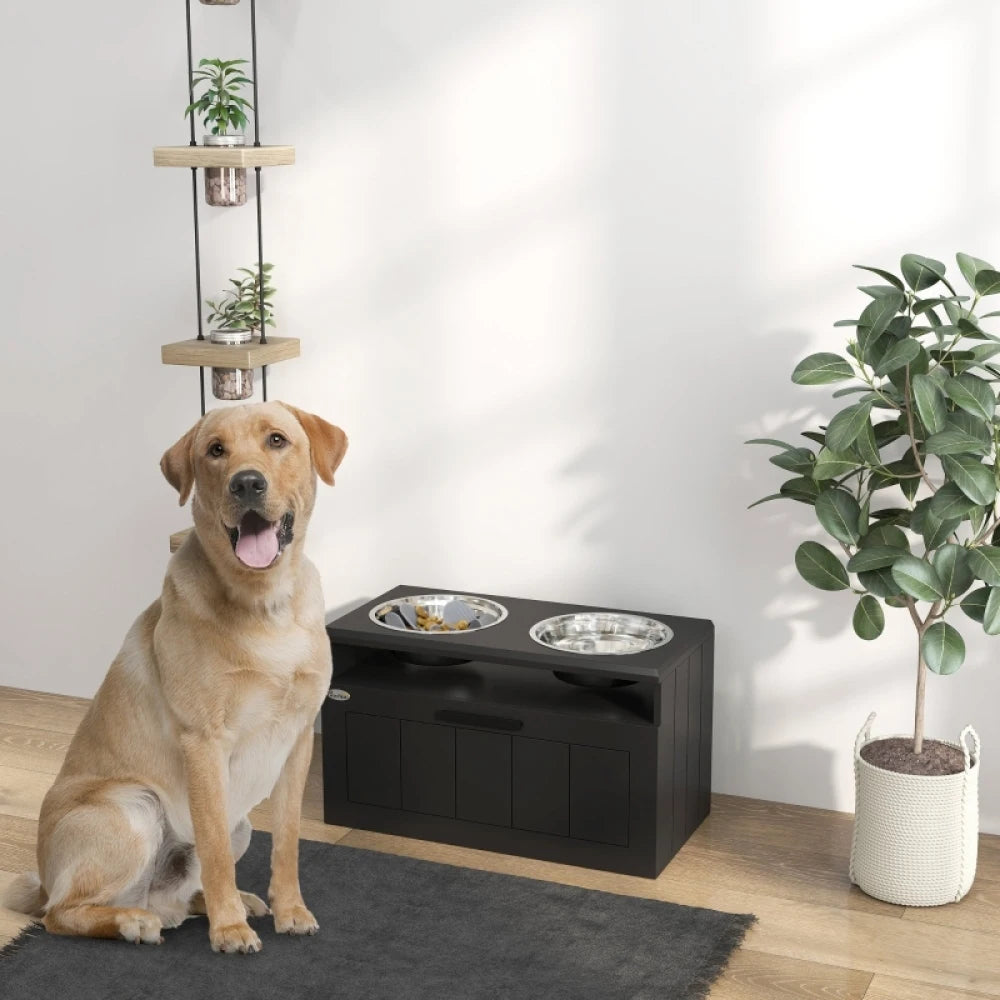 PINGGO Raised Dog Bowl Slow Feeder Station 60x30x35cm Stainless Steel Drawer for Large XL Dogs Black