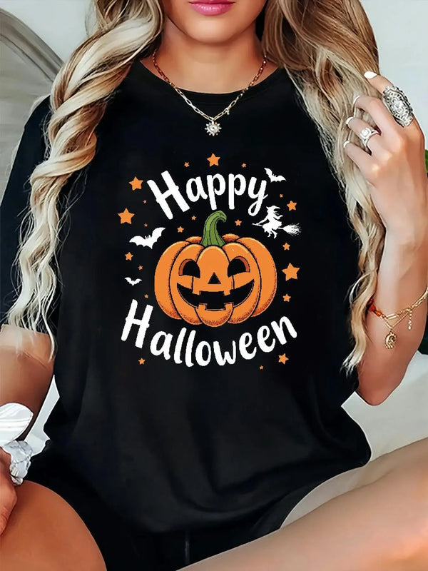 Women's Happy Halloween Pumpkin T-Shirt, Black Short Sleeve Top