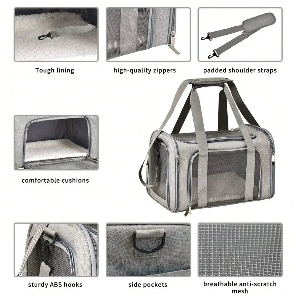 Soft Sided Pet Carrier Bag Foldable Cat and Small Dog Travel Carrier with Shoulder Strap Grey